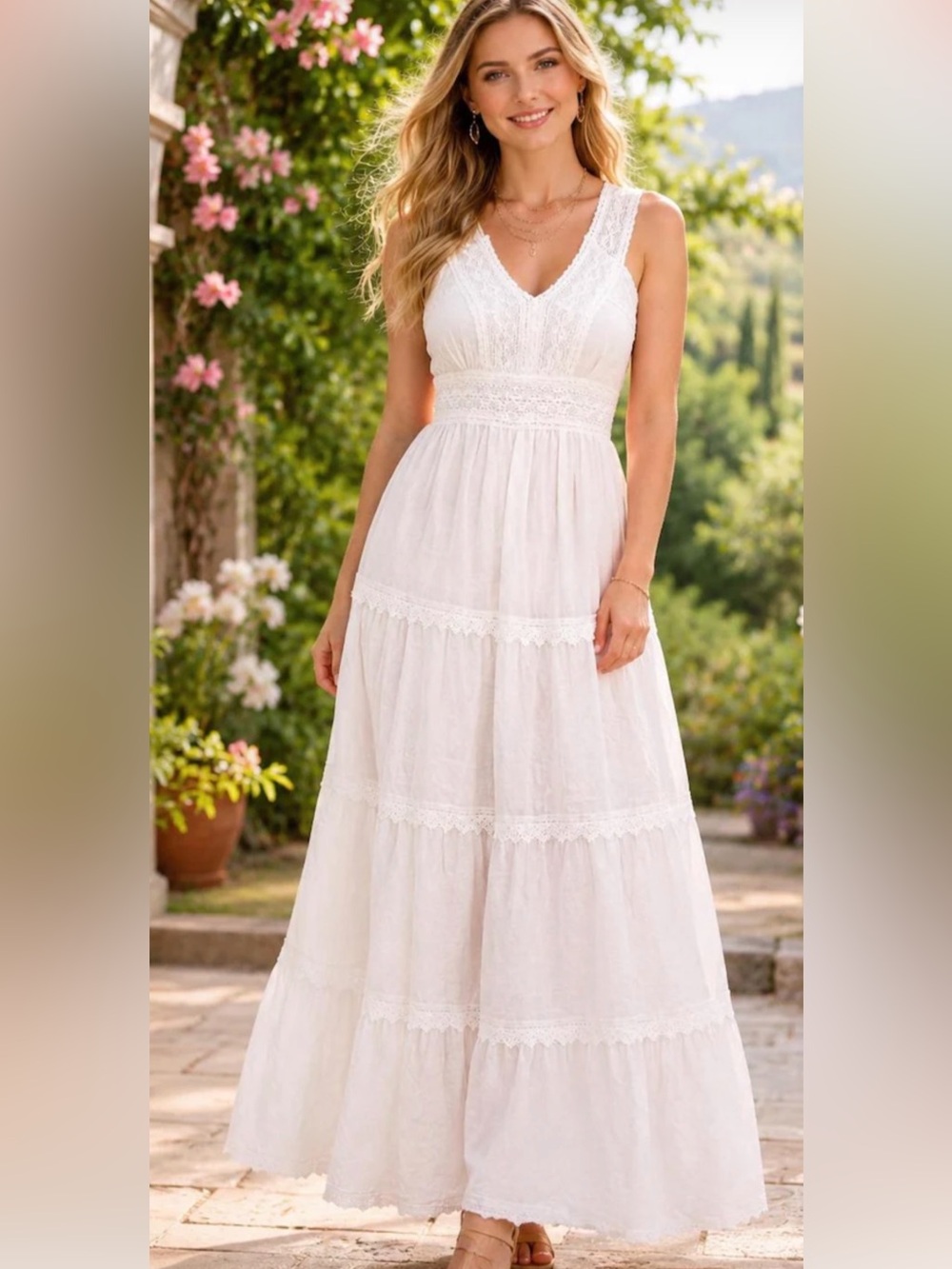Cupshe NWT S White eyelet Lace-tassel Trim V-Neck crochet waist smock Maxi Dress